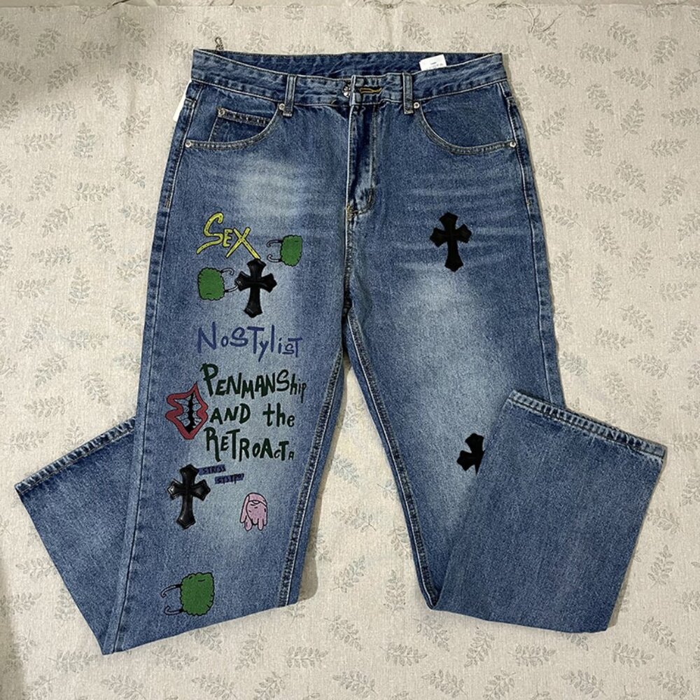 Chrome Hearts Cross Leather Embroidered Logo Jeans